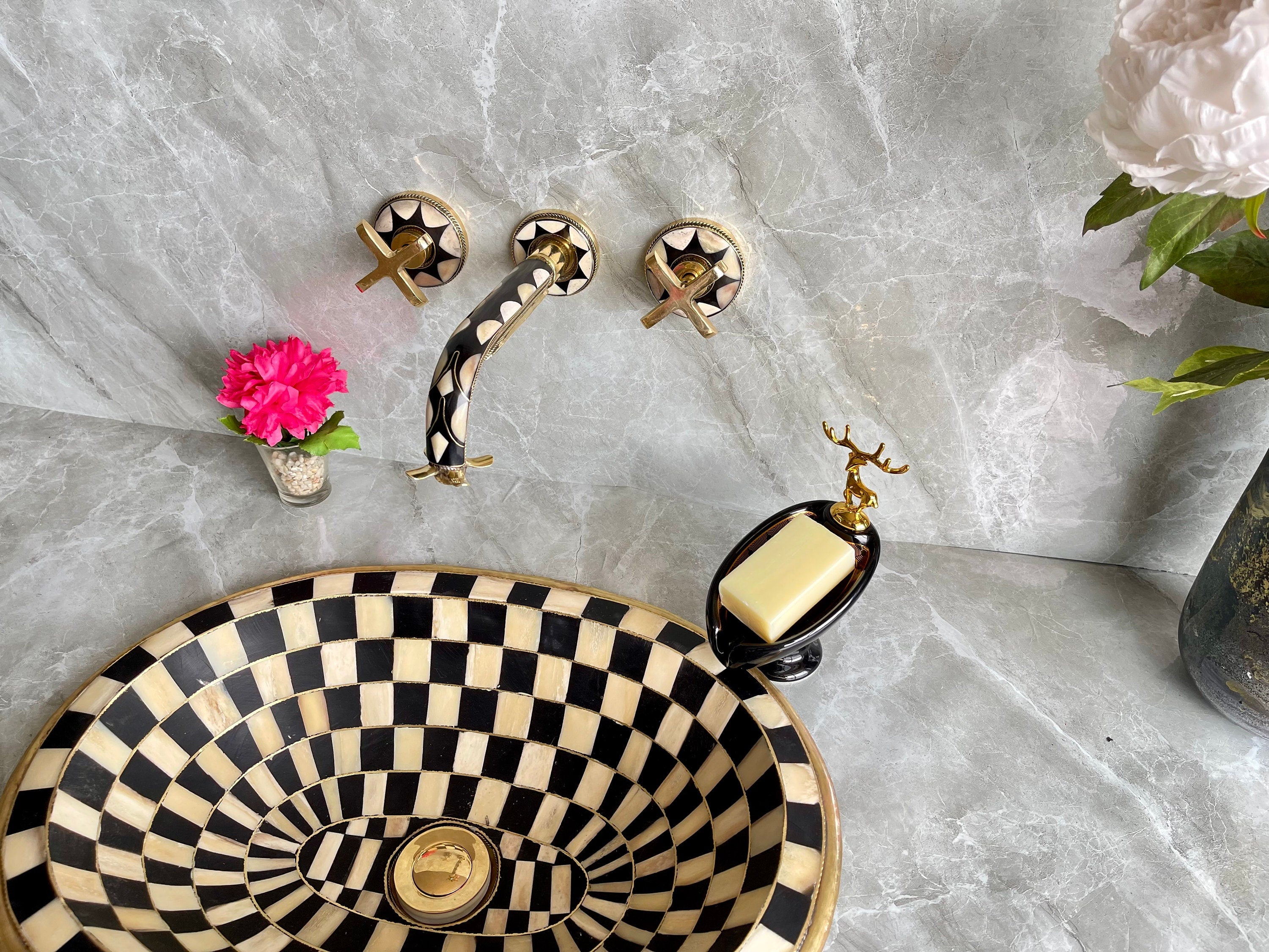 Unlacquered Brass Wall Mounted Bathroom Faucet - Resin & Bone Cross Handle Tap