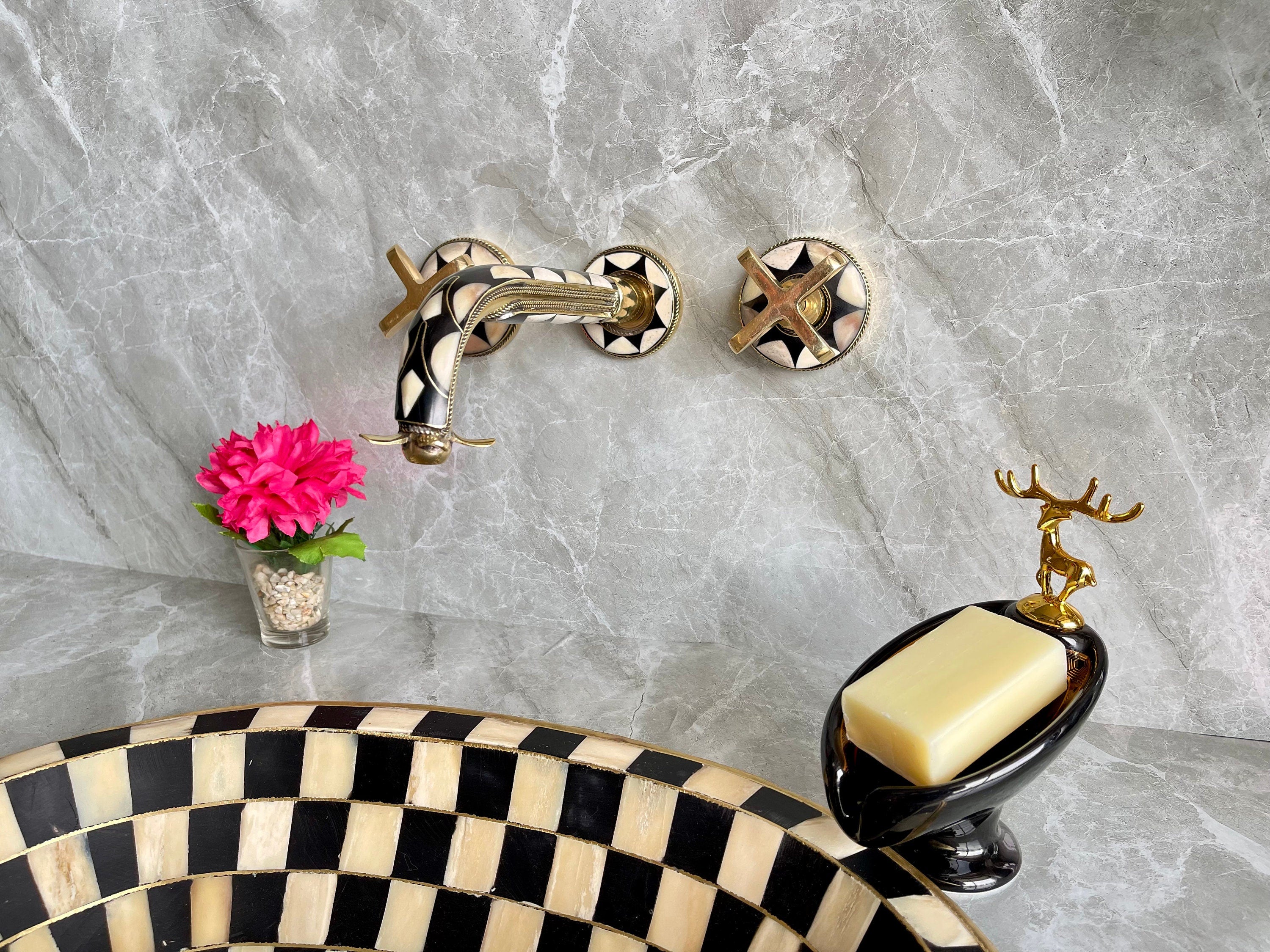 Unlacquered Brass Wall Mounted Bathroom Faucet - Resin & Bone Cross Handle Tap
