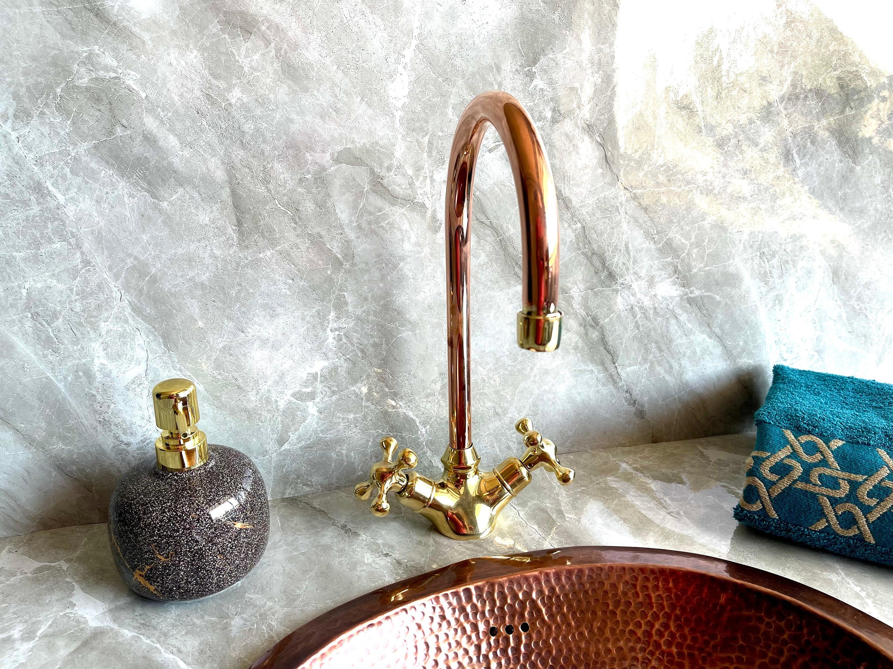 Copper & Brass Gooseneck Faucet - Single Hole Mixer with Cross Handles - Mettlemix