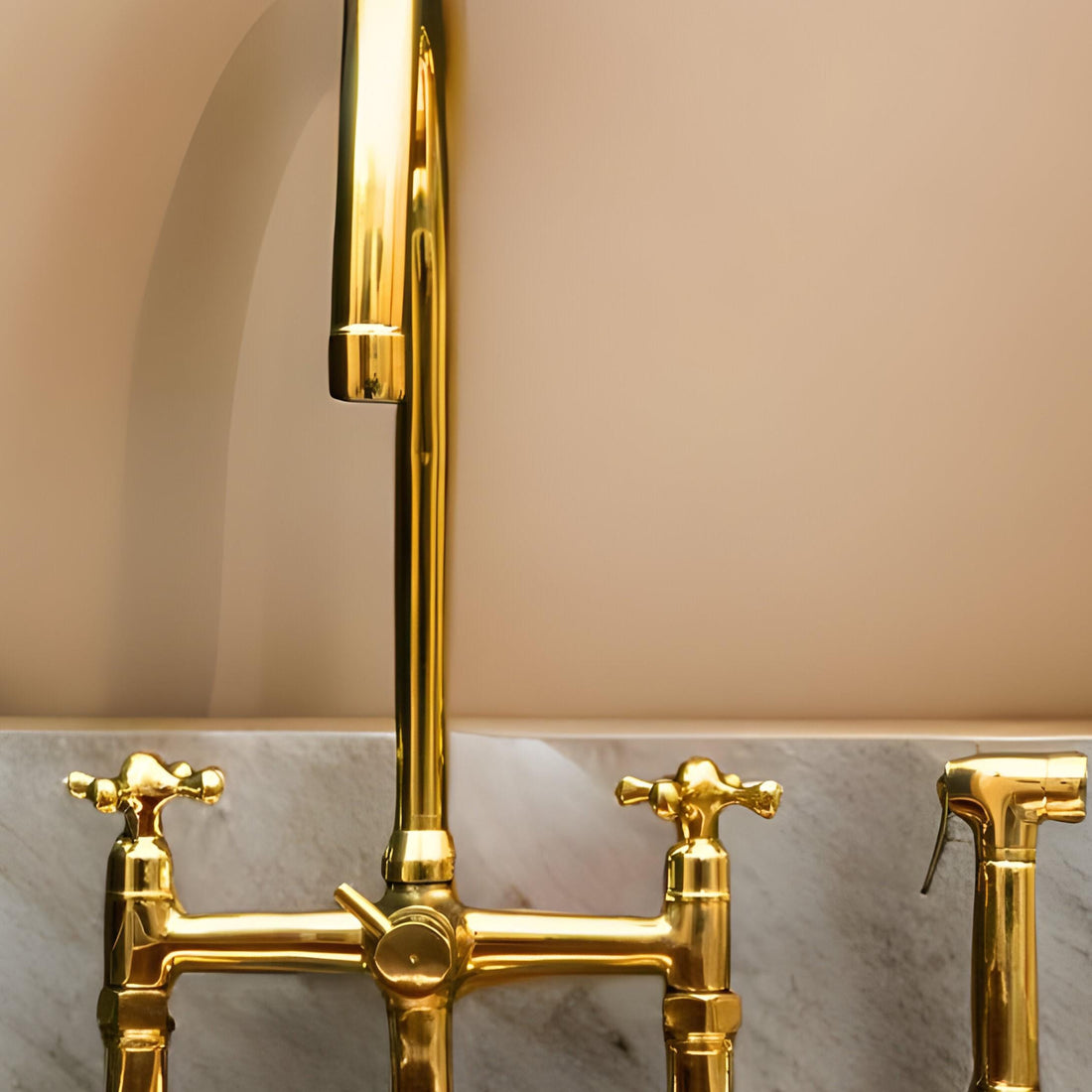 Unlacquered Brass 3-Hole Kitchen Bridge Faucet with Side Spray
