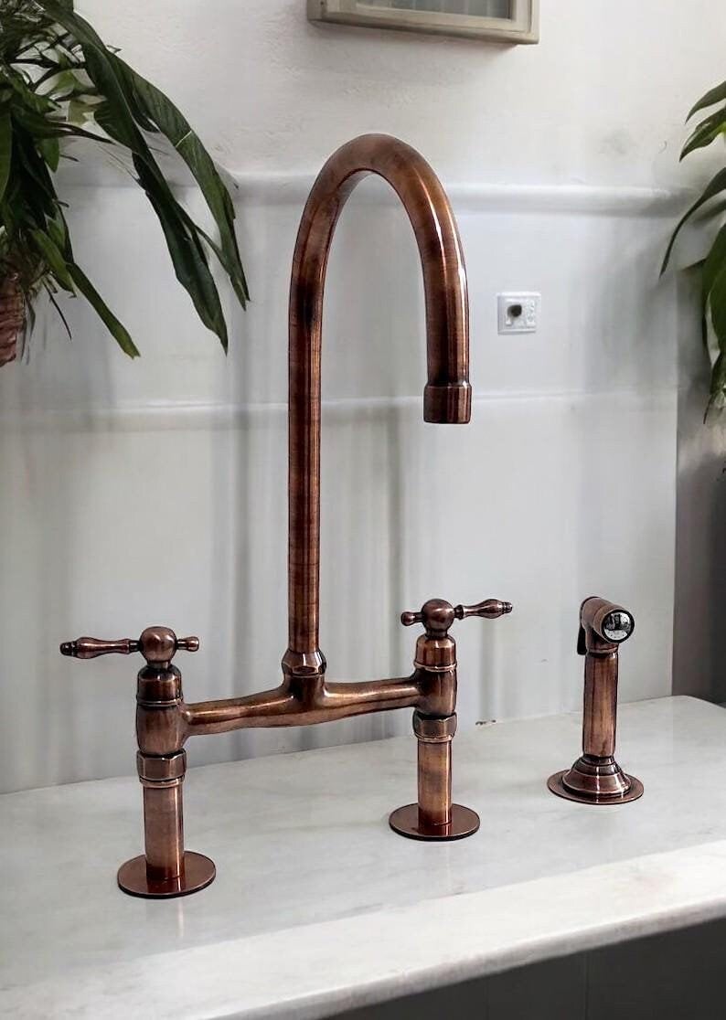 Copper Bridge Kitchen Faucet with Linear Legs - Sprayer & Filter Tap