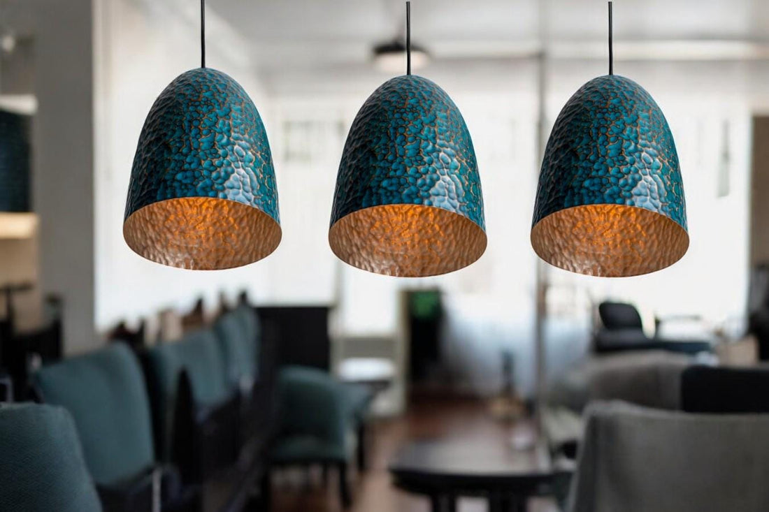 Set of 3 Oxidized Copper Pendant Lamps - Hammered Kitchen Island Lights