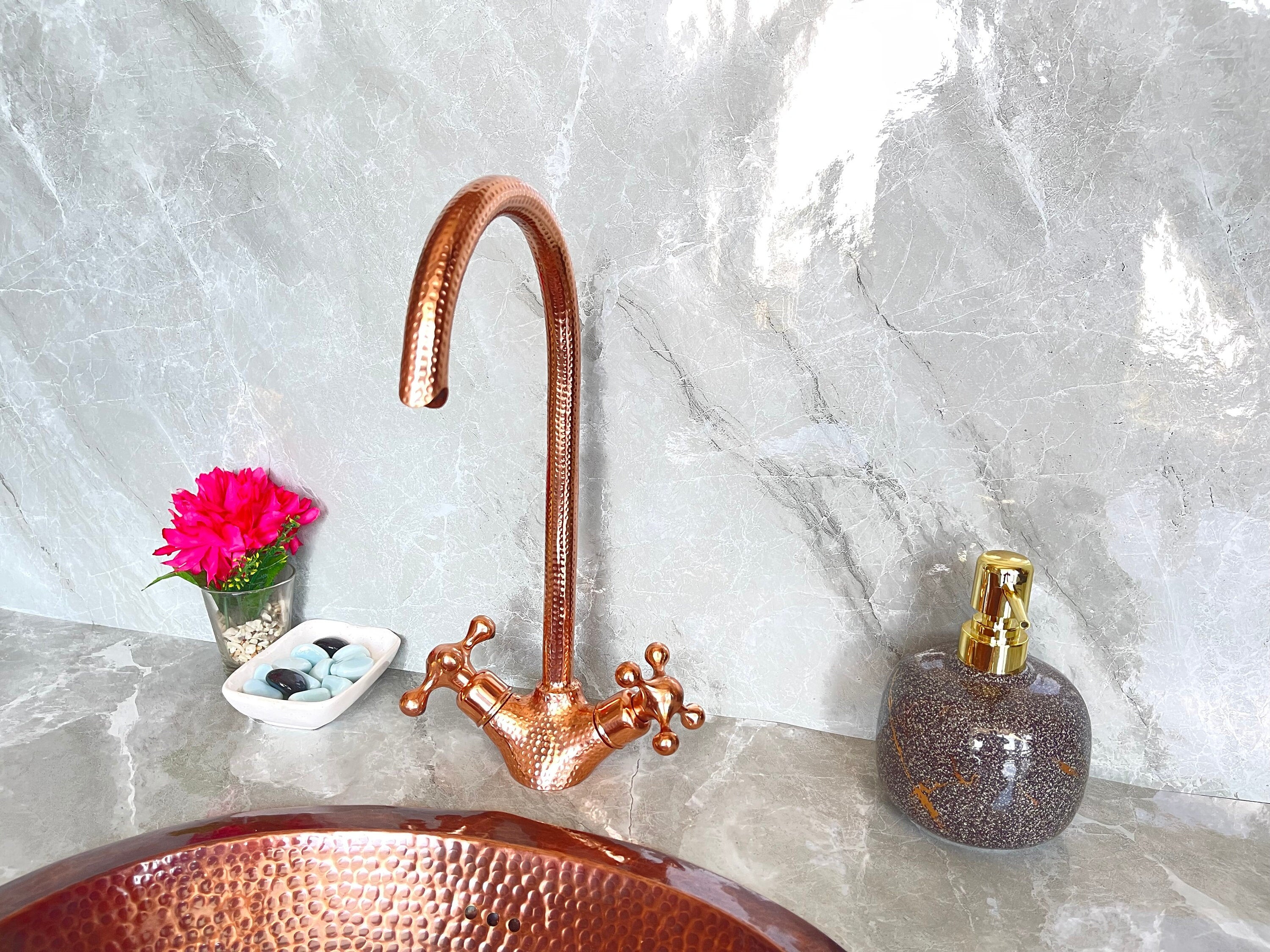 Copper Finish Engraved Bathroom Faucet - Gooseneck Single Hole Tap
