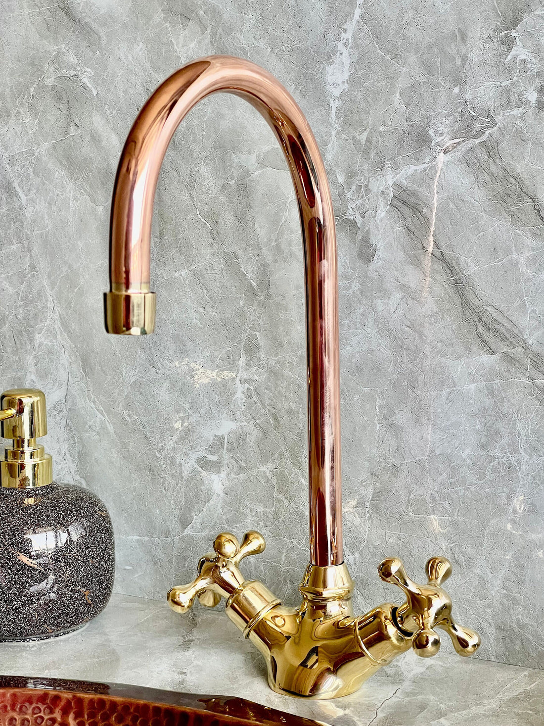 Copper & Brass Gooseneck Faucet - Single Hole Mixer with Cross Handles