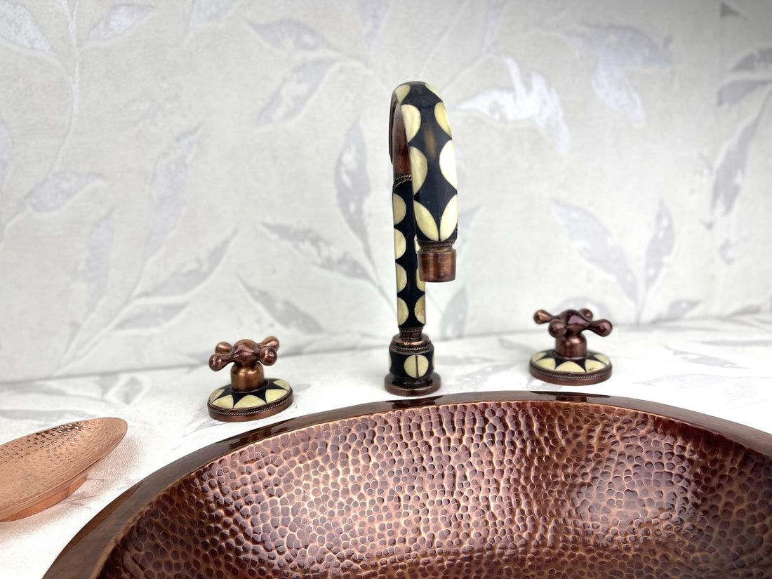 Hammered Copper Vessel Sink Set - Widespread Faucet with Black Resin Inlay & Antique Finish