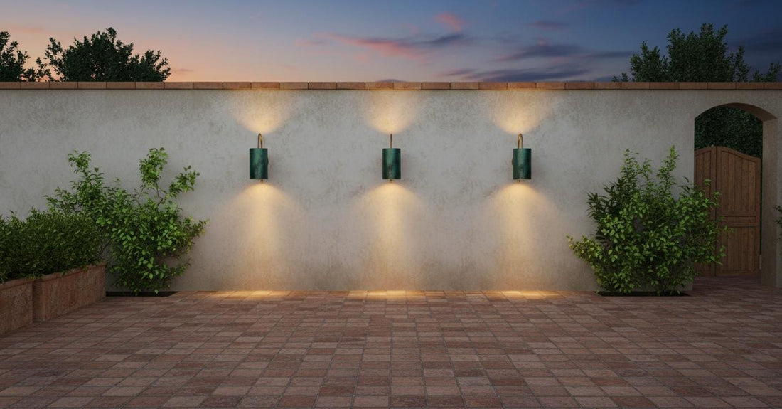 Green Patina Brass Cylinder Wall Sconce - Curved Arm Light