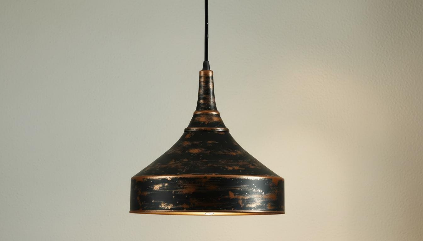 Distressed Black & Antique Copper Dome Pendant - Rustic Ceiling Lamp
