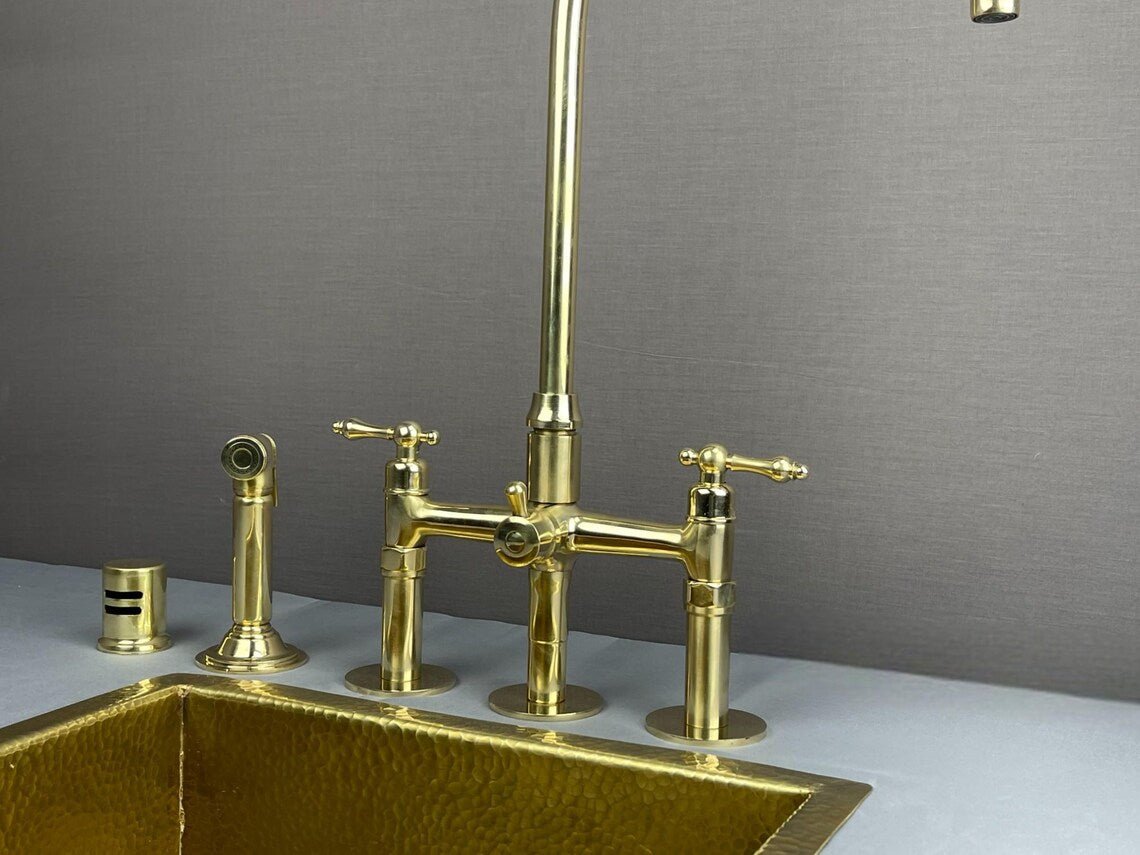 Luxury Unlacquered Brass Bridge Kitchen Faucet - 3-Hole Set with Side Sprayer & Air Gap - Mettlemix