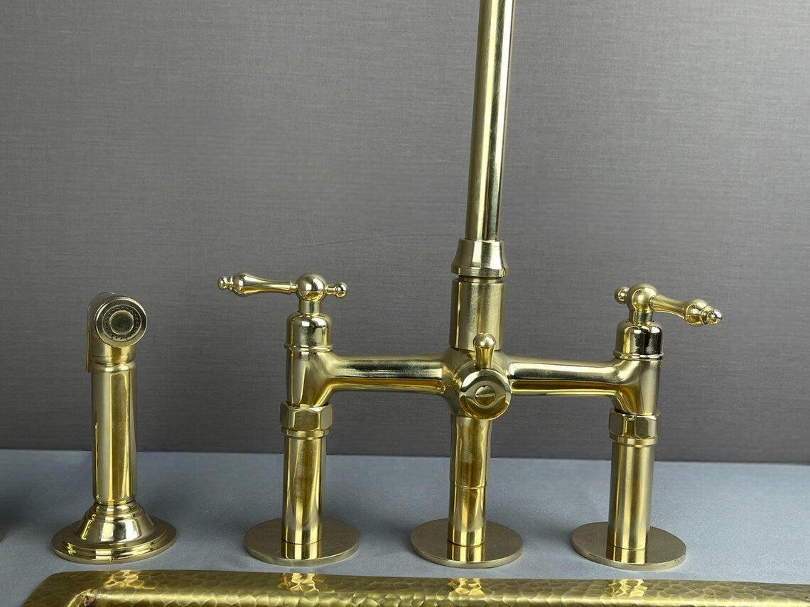Luxury Unlacquered Brass Bridge Kitchen Faucet - 3-Hole Set with Side Sprayer & Air Gap - Mettlemix