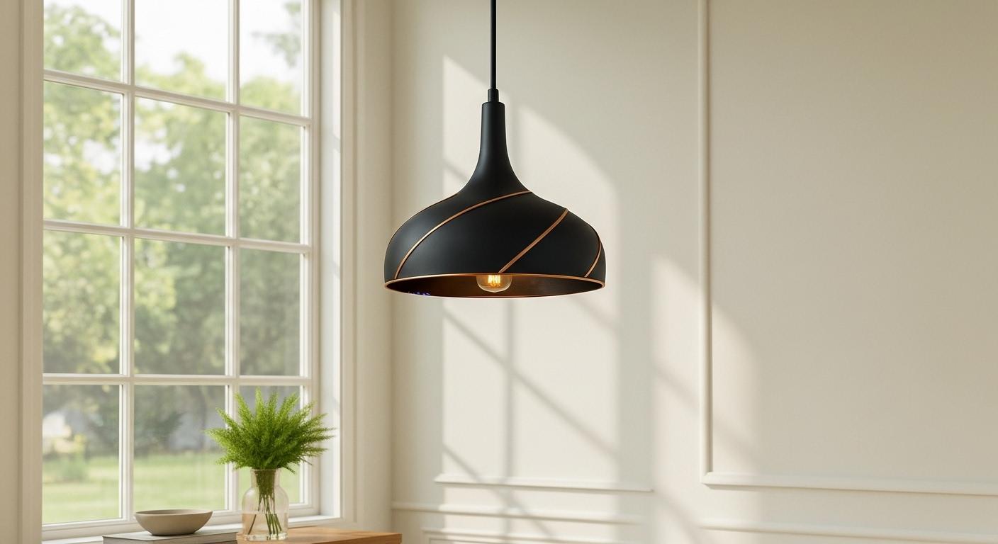 Modern Black Pendant Light: Copper Spiral Detail, Adjustable Height - Mettlemix