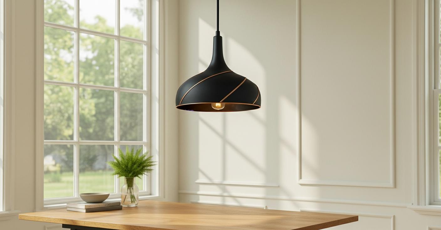 Modern Black Pendant Light: Copper Spiral Detail, Adjustable Height - Mettlemix