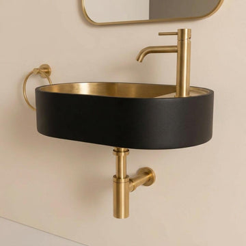 Modern Brass Wall Mount Sink, Black Brass Washbasin - Pill Shaped Powder Room Basin, Bathroom Floating Sink, Two Tone Lavatory - Mettlemix
