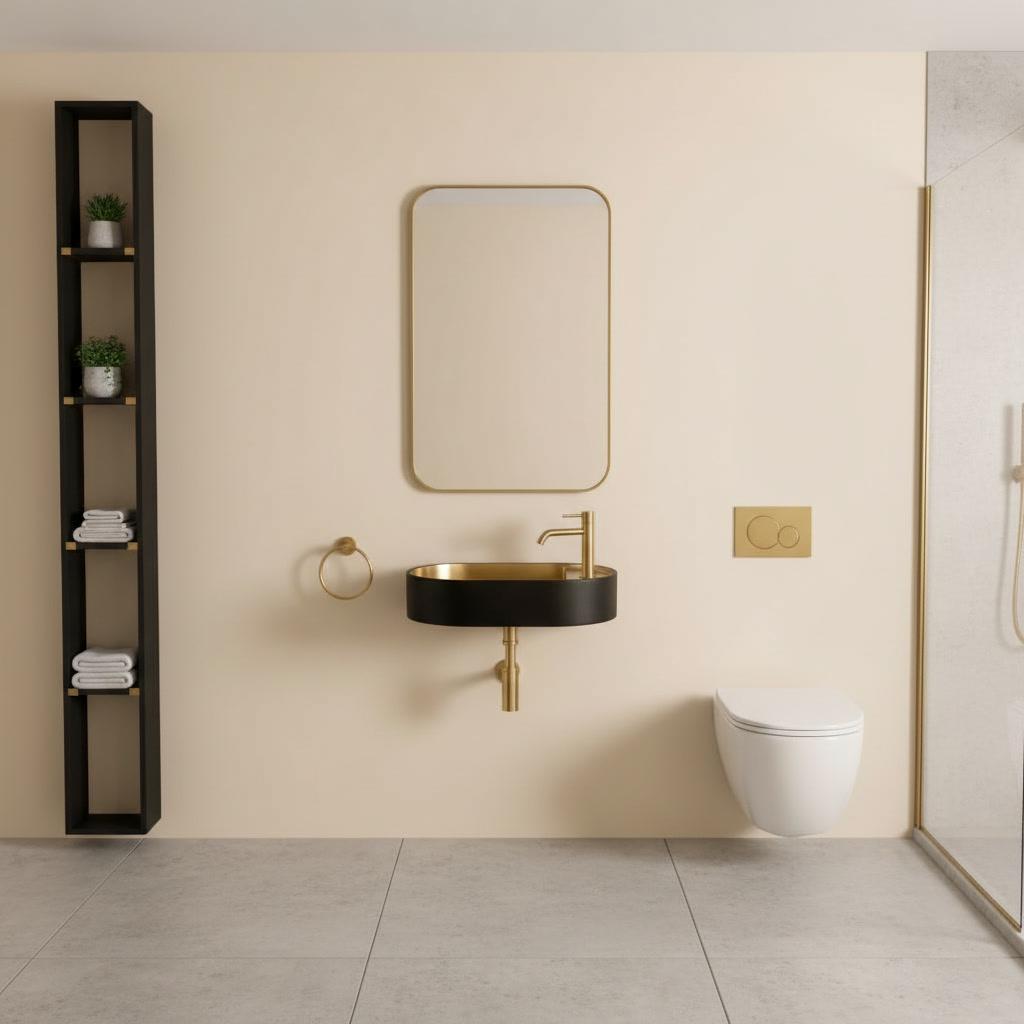 Modern Brass Wall Mount Sink, Black Brass Washbasin - Pill Shaped Powder Room Basin, Bathroom Floating Sink, Two Tone Lavatory - Mettlemix