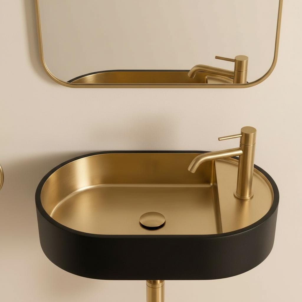 Modern Brass Wall Mount Sink, Black Brass Washbasin - Pill Shaped Powder Room Basin, Bathroom Floating Sink, Two Tone Lavatory - Mettlemix