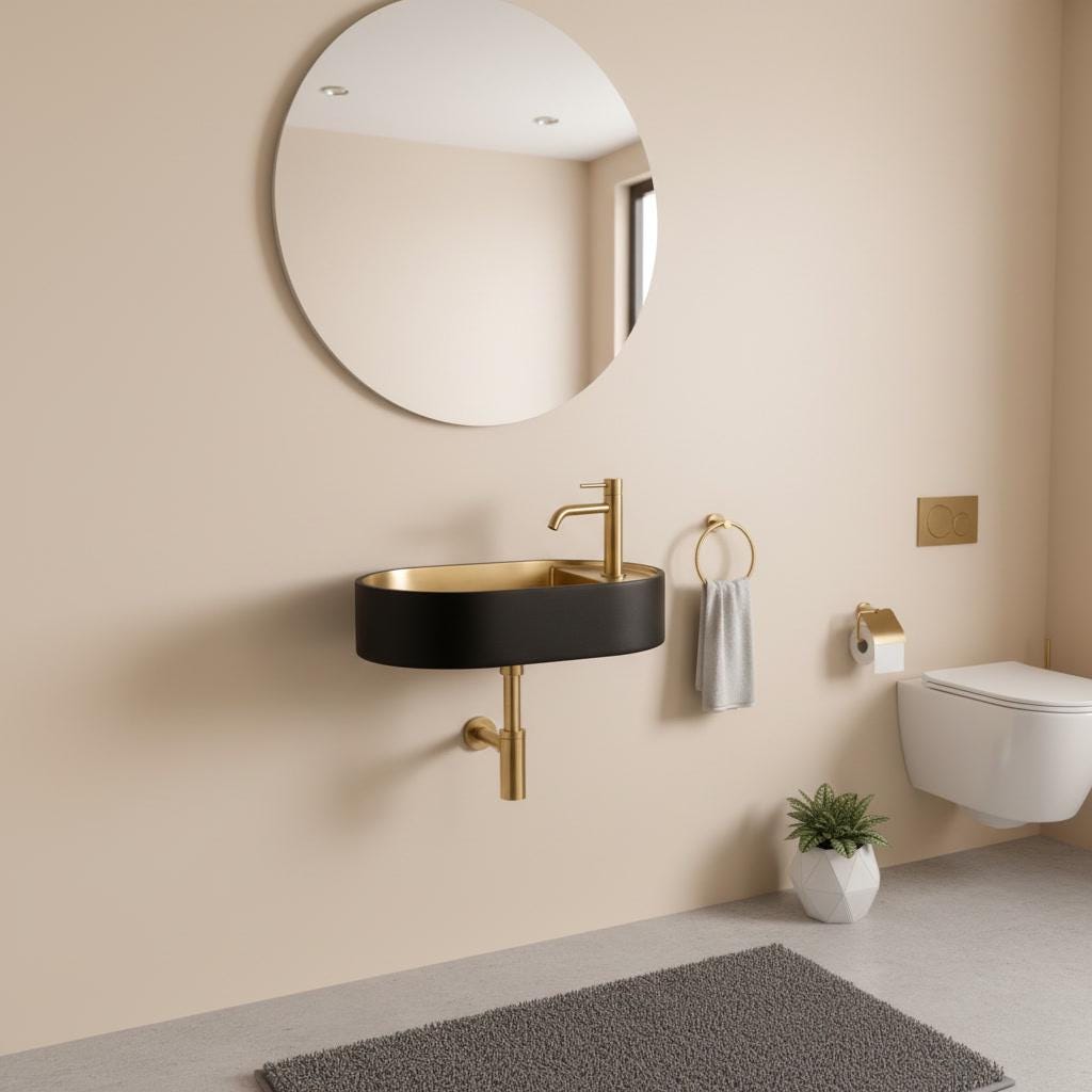 Modern Brass Wall Mount Sink, Black Brass Washbasin - Pill Shaped Powder Room Basin, Bathroom Floating Sink, Two Tone Lavatory - Mettlemix