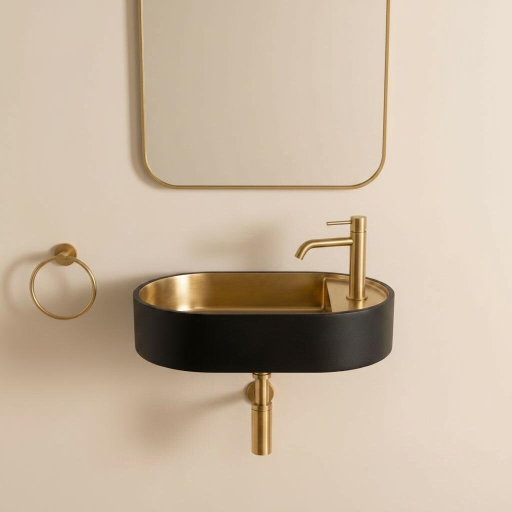 Modern Brass Wall Mount Sink, Black Brass Washbasin - Pill Shaped Powder Room Basin, Bathroom Floating Sink, Two Tone Lavatory - Mettlemix