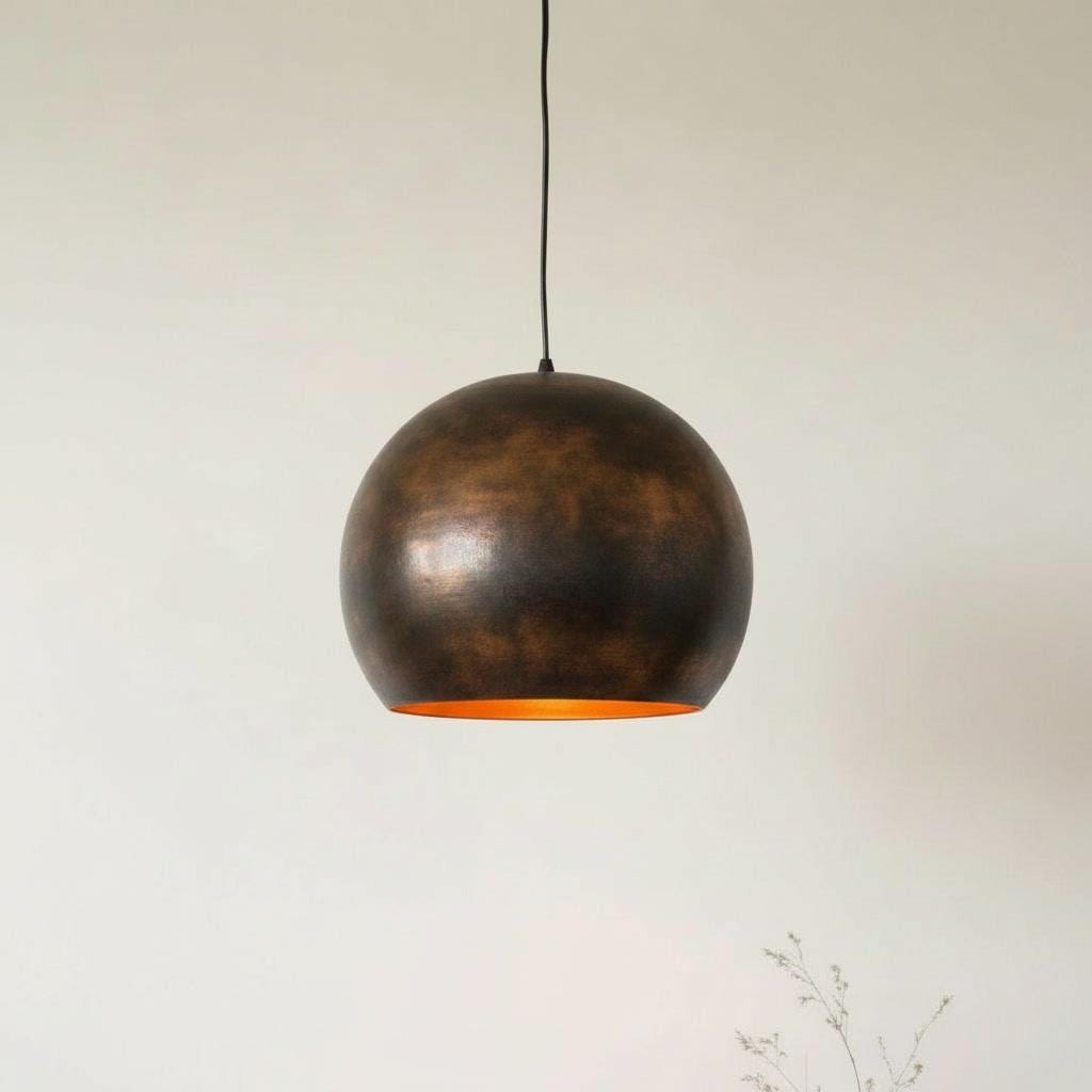 Oil Rubbed Brass Pendant Lamp - Black Dome Ceiling Light - Modern Industrial Kitchen Island Fixture - Rustic Wabi Sabi Dining Room Decor - Mettlemix