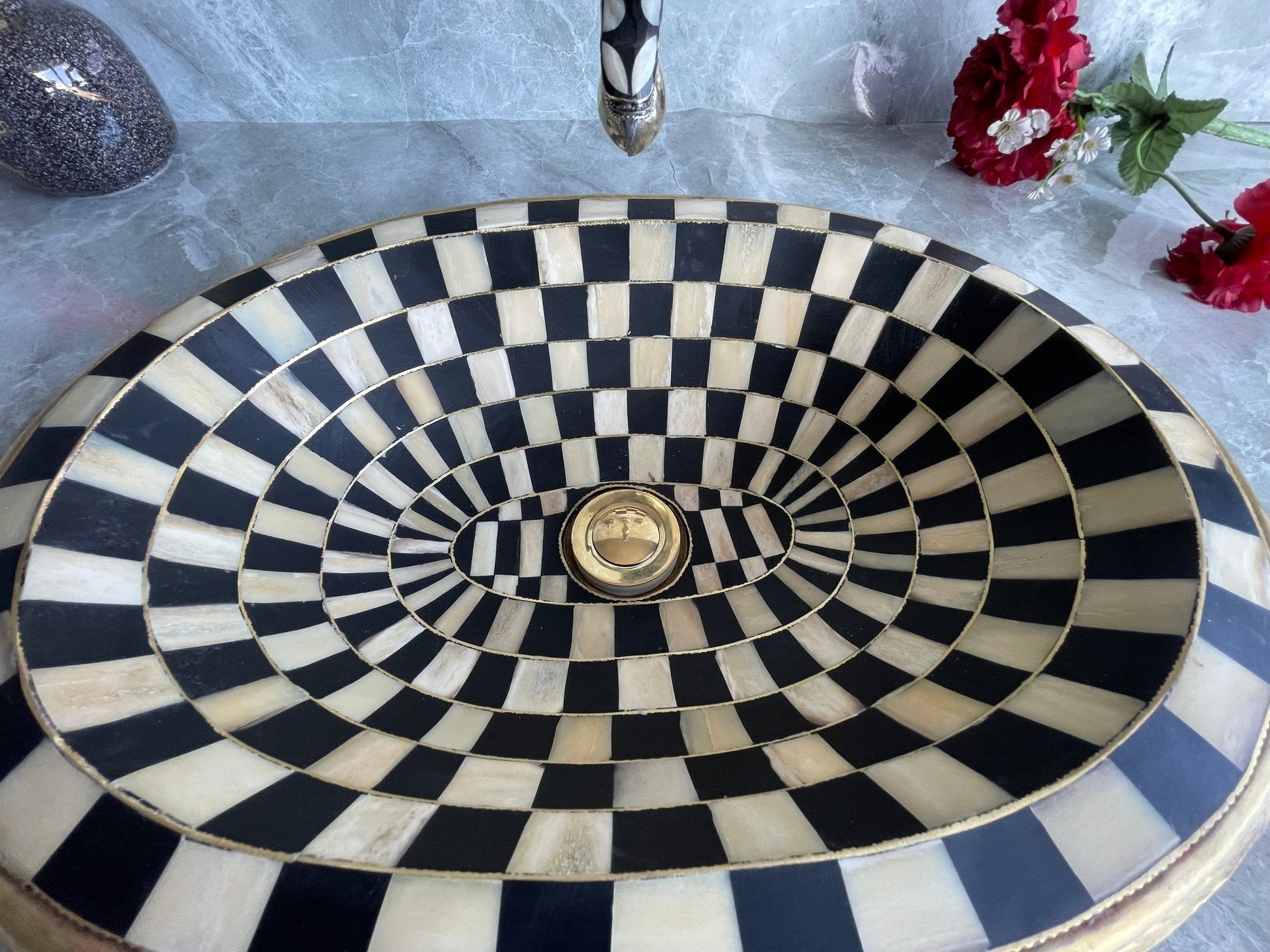Oval Antique Brass Drop-in Sink - Handcrafted Resin & Bone Inlay Basin - Mettlemix