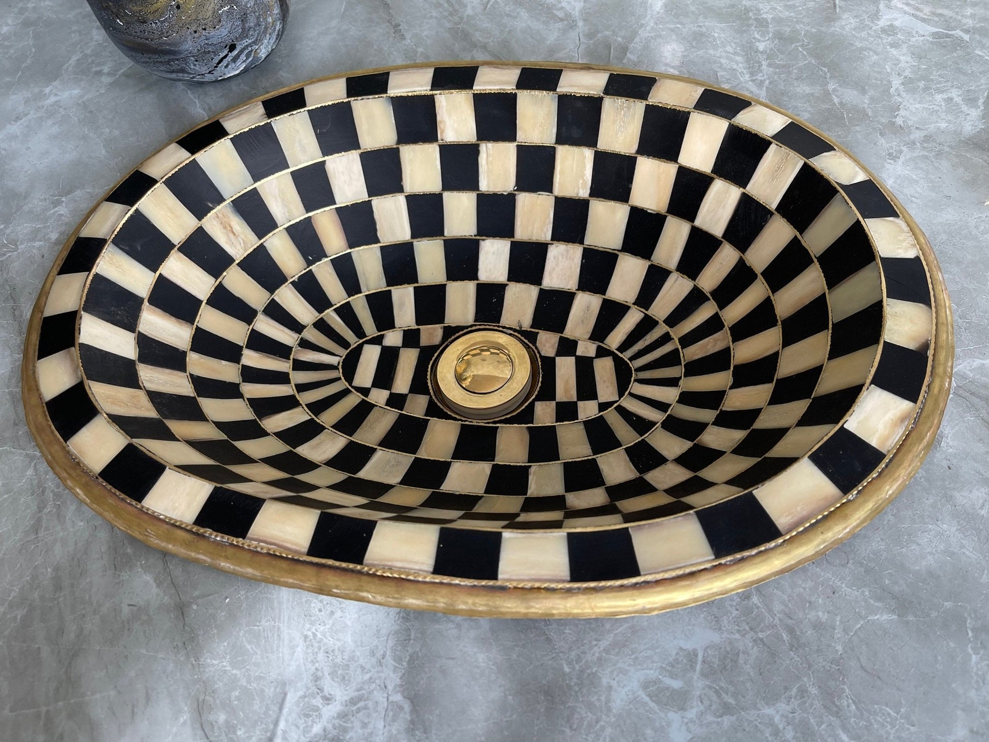 Oval Antique Brass Drop-in Sink - Handcrafted Resin & Bone Inlay Basin - Mettlemix