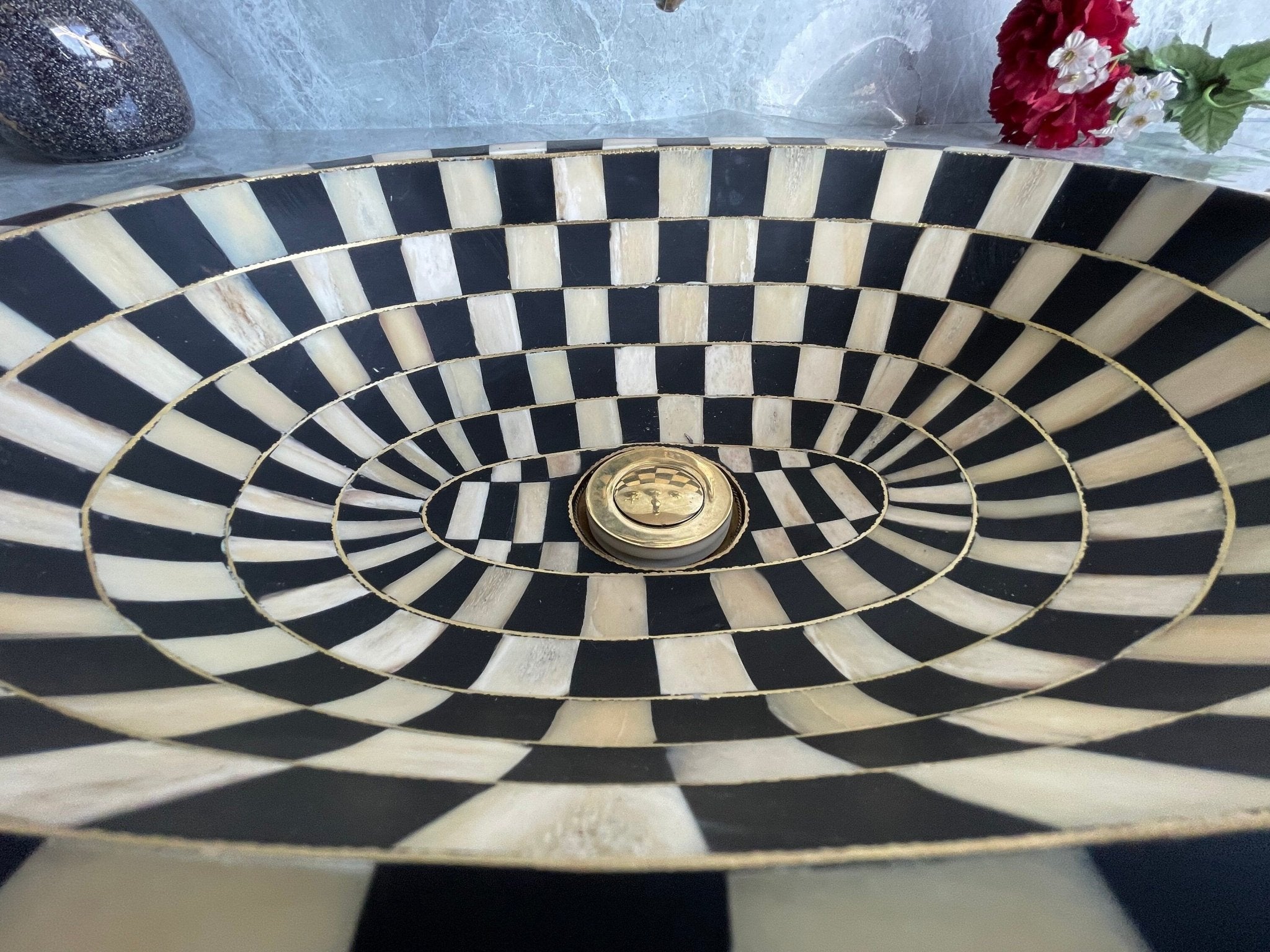 Oval Antique Brass Drop-in Sink - Handcrafted Resin & Bone Inlay Basin - Mettlemix