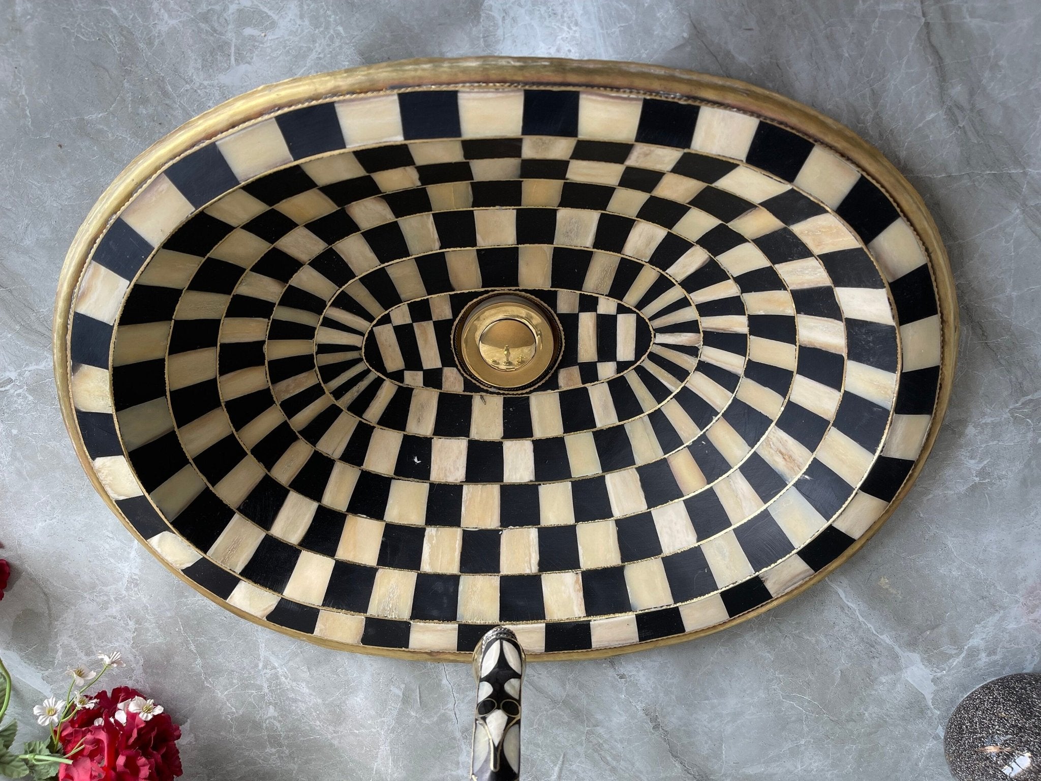 Oval Antique Brass Drop-in Sink - Handcrafted Resin & Bone Inlay Basin - Mettlemix