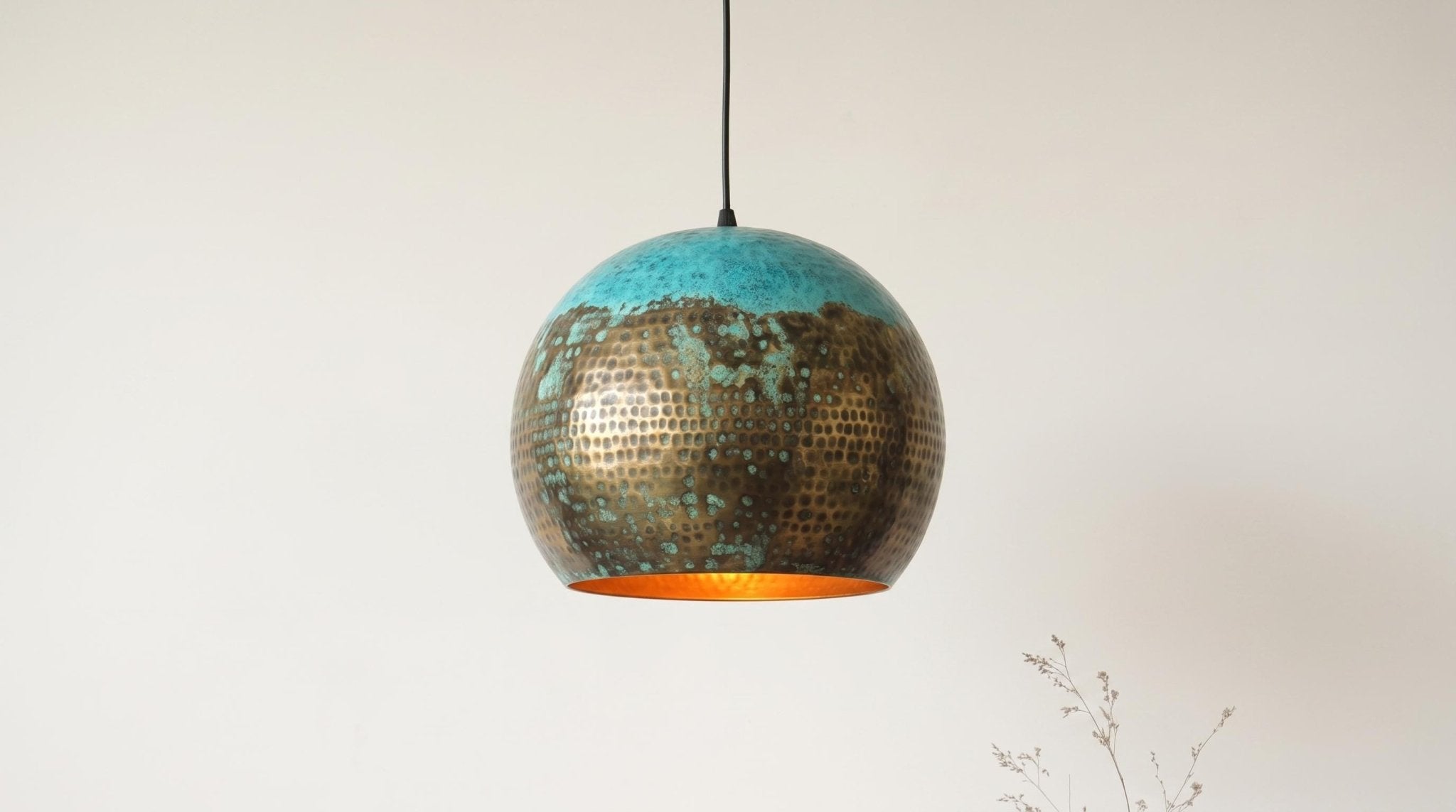 Oxidized Brass Dome Fixture - Hammered Brass Dome Chandelier - Teal Green Kitchen Island Lighting - Boho Farmhouse Dining Room Lamp - Mettlemix