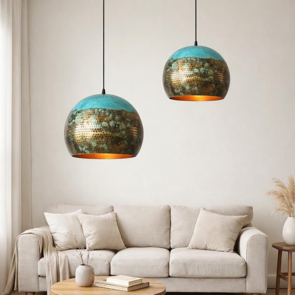 Oxidized Brass Dome Fixture - Hammered Brass Dome Chandelier - Teal Green Kitchen Island Lighting - Boho Farmhouse Dining Room Lamp - Mettlemix