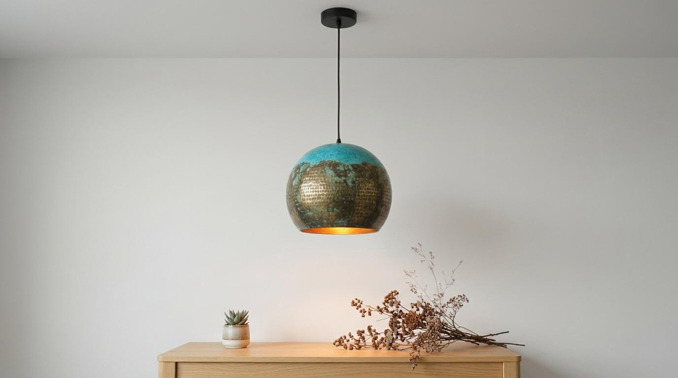 Oxidized Brass Dome Fixture - Hammered Brass Dome Chandelier - Teal Green Kitchen Island Lighting - Boho Farmhouse Dining Room Lamp - Mettlemix