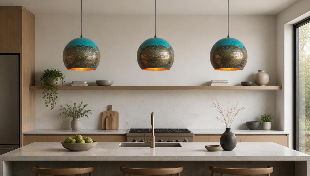 Oxidized Brass Dome Fixture - Hammered Brass Dome Chandelier - Teal Green Kitchen Island Lighting - Boho Farmhouse Dining Room Lamp - Mettlemix