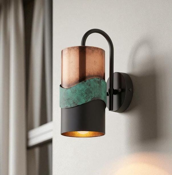 Oxidized Copper Cylinder Wall Sconce - Green Verdigris Patina - Mettlemix