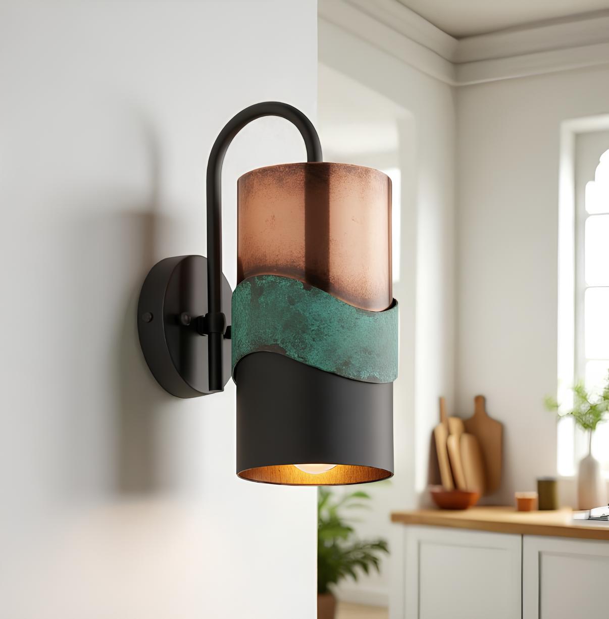 Oxidized Copper Cylinder Wall Sconce - Green Verdigris Patina - Mettlemix