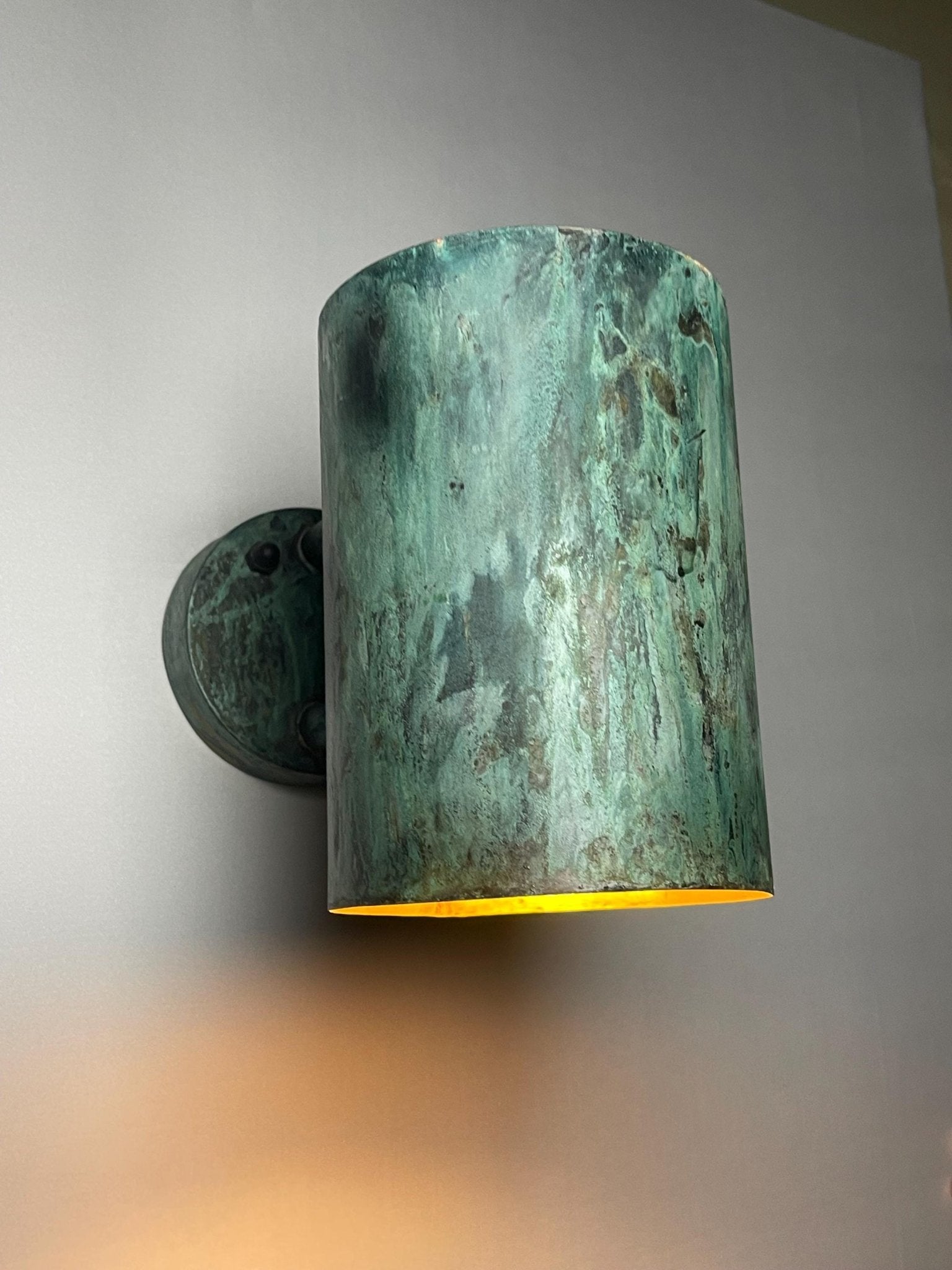 Oxidized Copper Cylinder Wall Sconce - Rustic Green Patina Light - Mettlemix