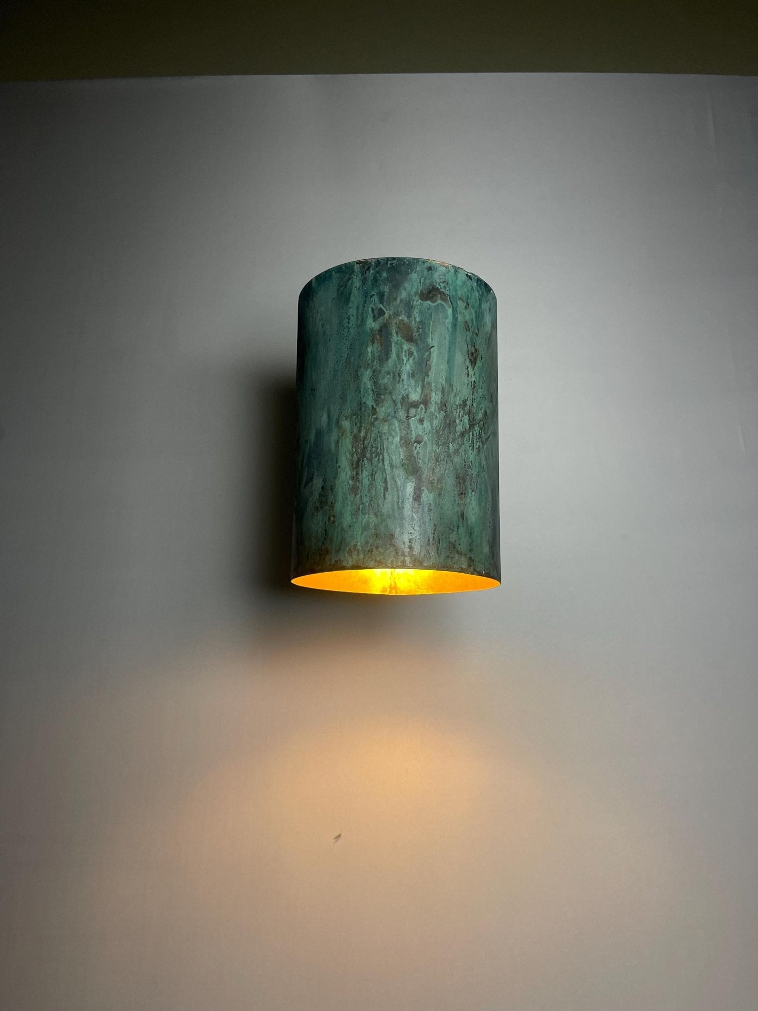 Oxidized Copper Cylinder Wall Sconce - Rustic Green Patina Light - Mettlemix