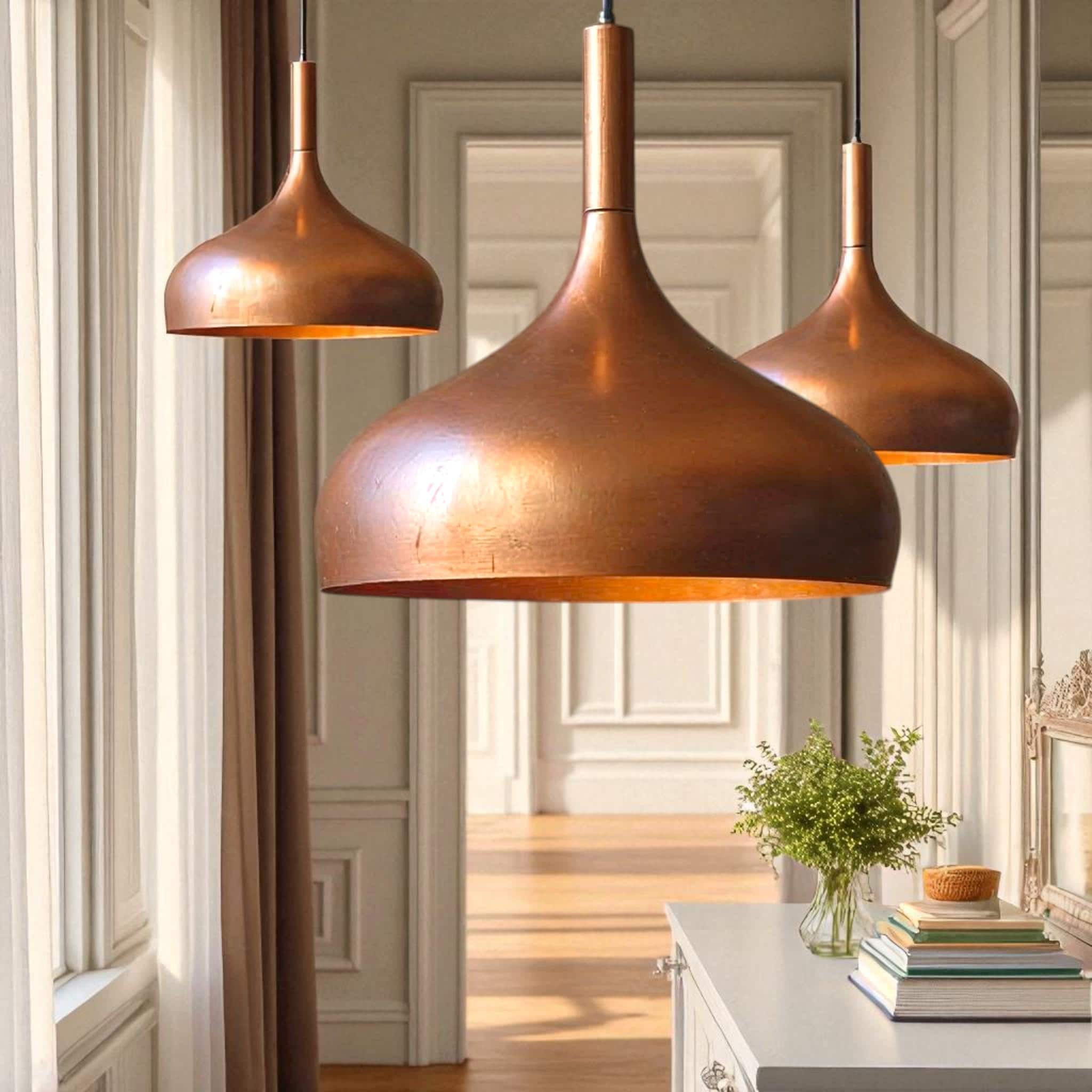 Polished Copper Pendant Light - Minimalist Dome Ceiling Fixture - Mettlemix