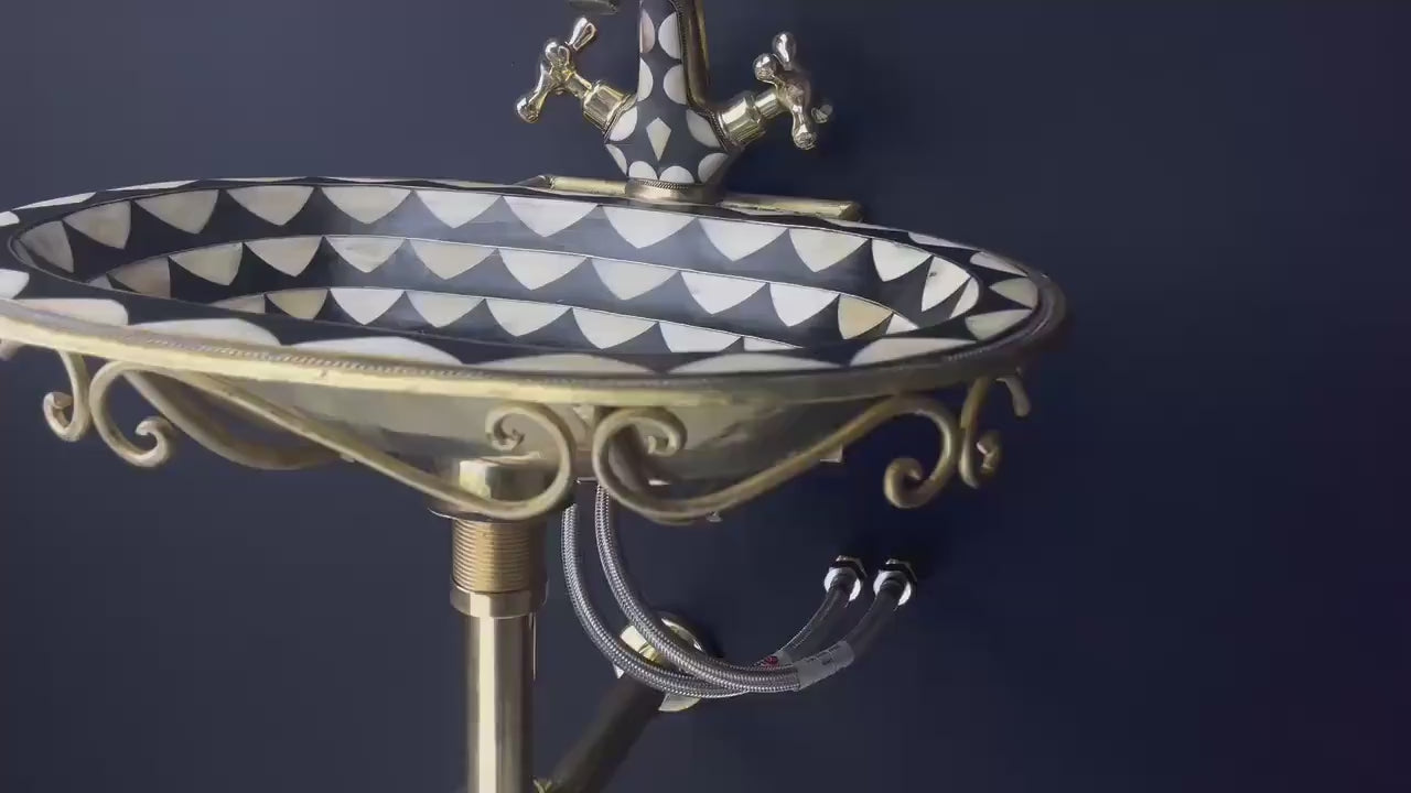 Vintage unlacquered brass bathroom sink faucet - aged brass with black resin & bone accents - wall-mounted sink faucet pack - free pop-up