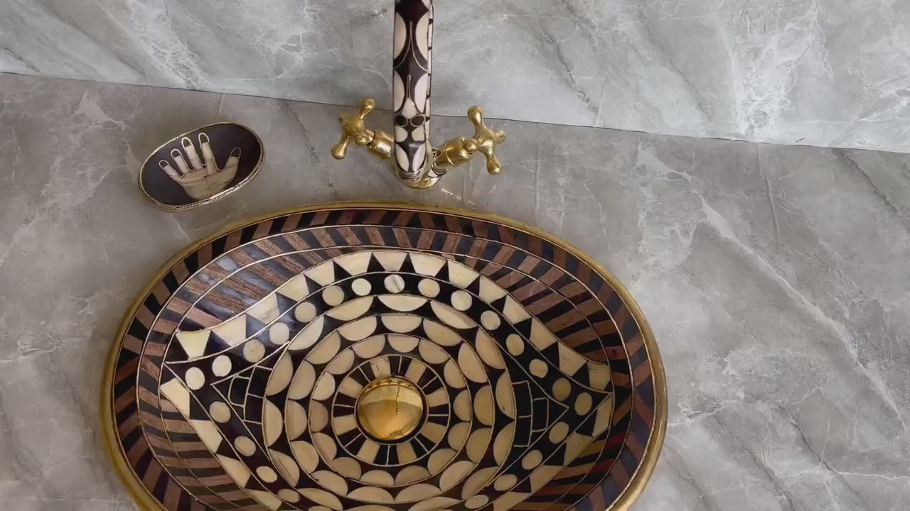 Hand-Studded Brass Sink & Faucet Set - "Eye Shape" Mosaic with Resin & Bone Inlay