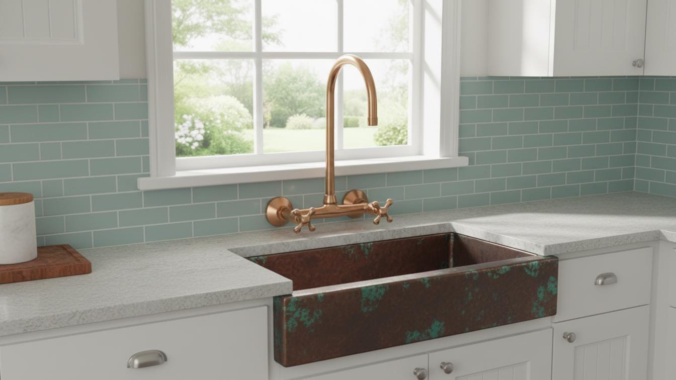 Rosamy Unlacquered Copper Wall Mount Kitchen Faucet - Vintage Bridge Tap - Mettlemix
