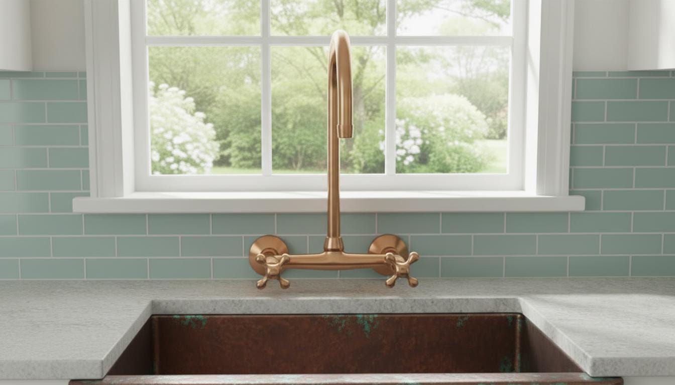 Rosamy Unlacquered Copper Wall Mount Kitchen Faucet - Vintage Bridge Tap - Mettlemix