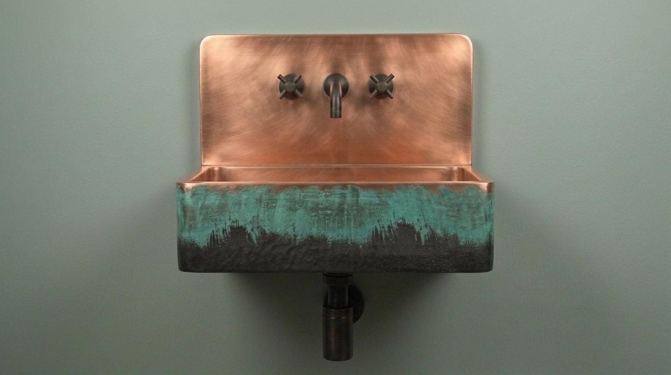 Rustic Antique Copper Sink, Wall Mounted Floating Washbasin, Oil Rubbed Rustic Rectangular Basin, Vintage Industrial Vanity Wash Bowl - Mettlemix