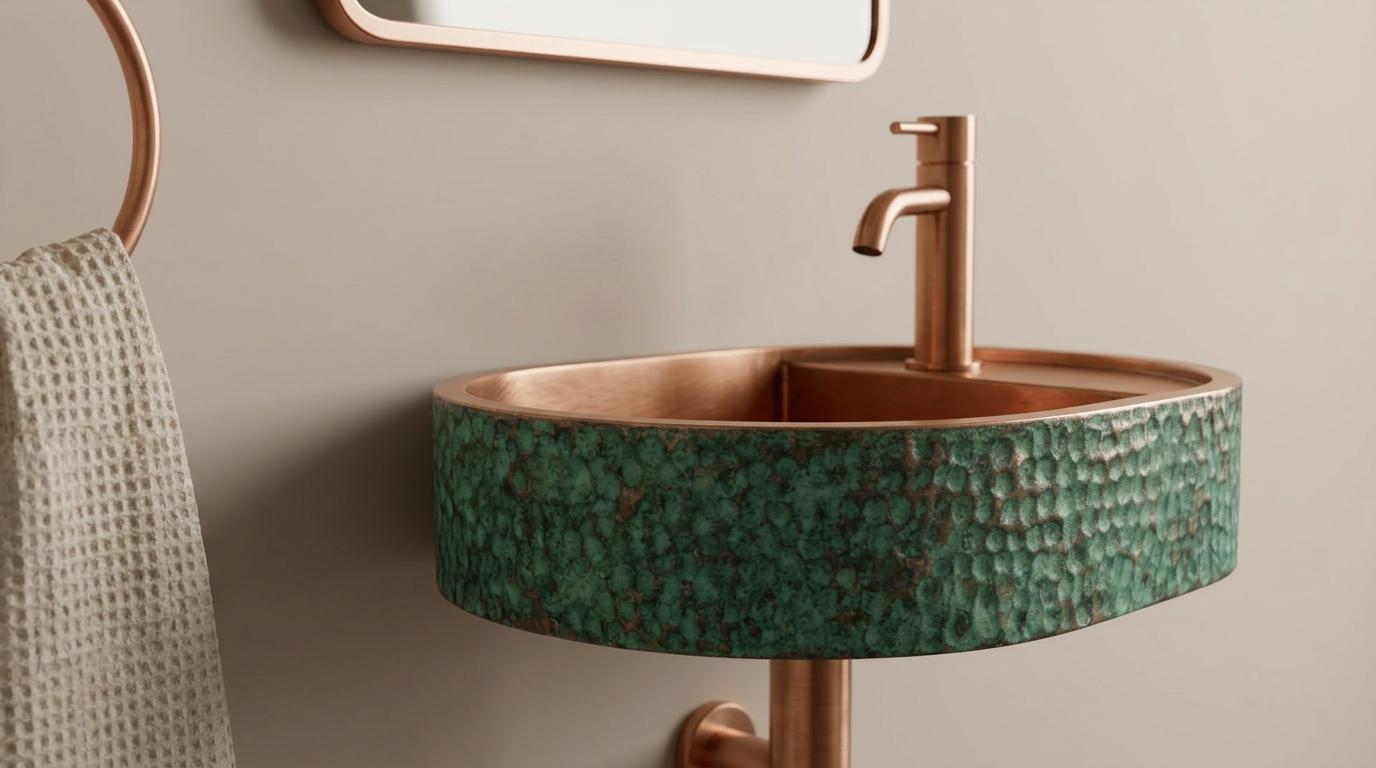 Rustic Antique Copper Washbasin, Floating Green Patina Sink - Wall Mounted Oval Basin, Hammered Vessel Sink, Farmhouse Bathroom - Mettlemix