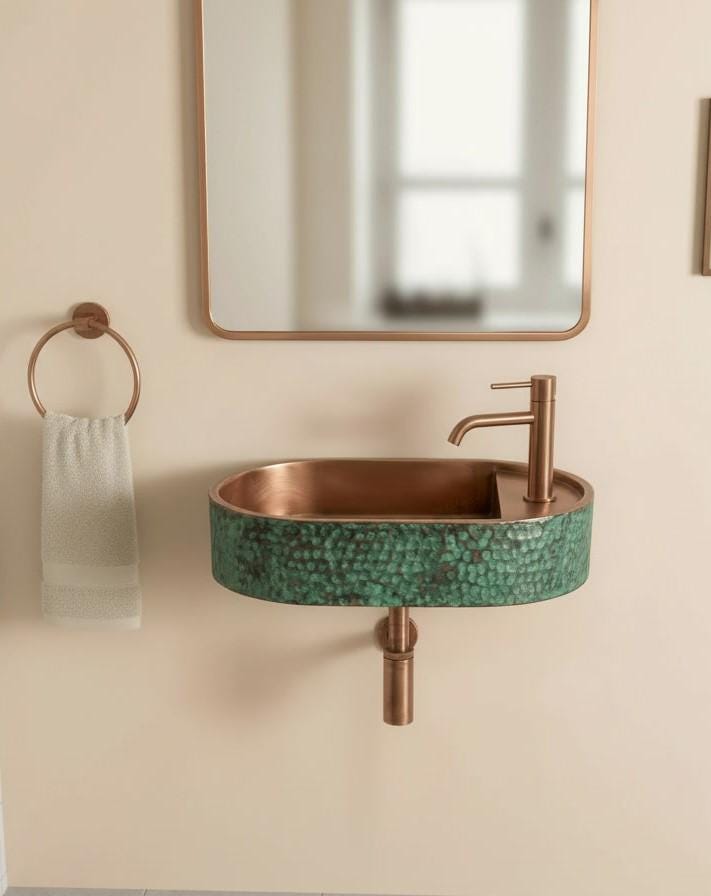 Rustic Antique Copper Washbasin, Floating Green Patina Sink - Wall Mounted Oval Basin, Hammered Vessel Sink, Farmhouse Bathroom - Mettlemix