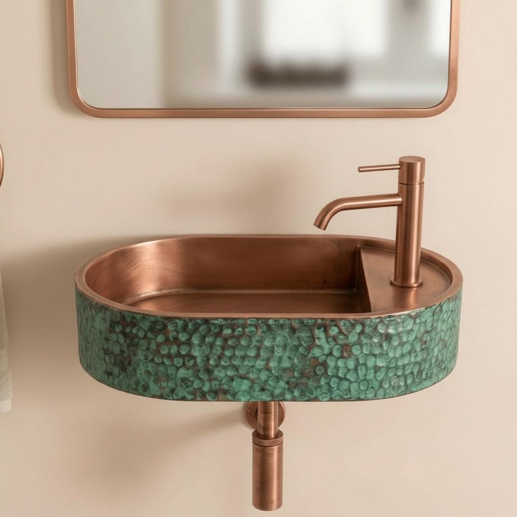 Rustic Antique Copper Washbasin, Floating Green Patina Sink - Wall Mounted Oval Basin, Hammered Vessel Sink, Farmhouse Bathroom - Mettlemix