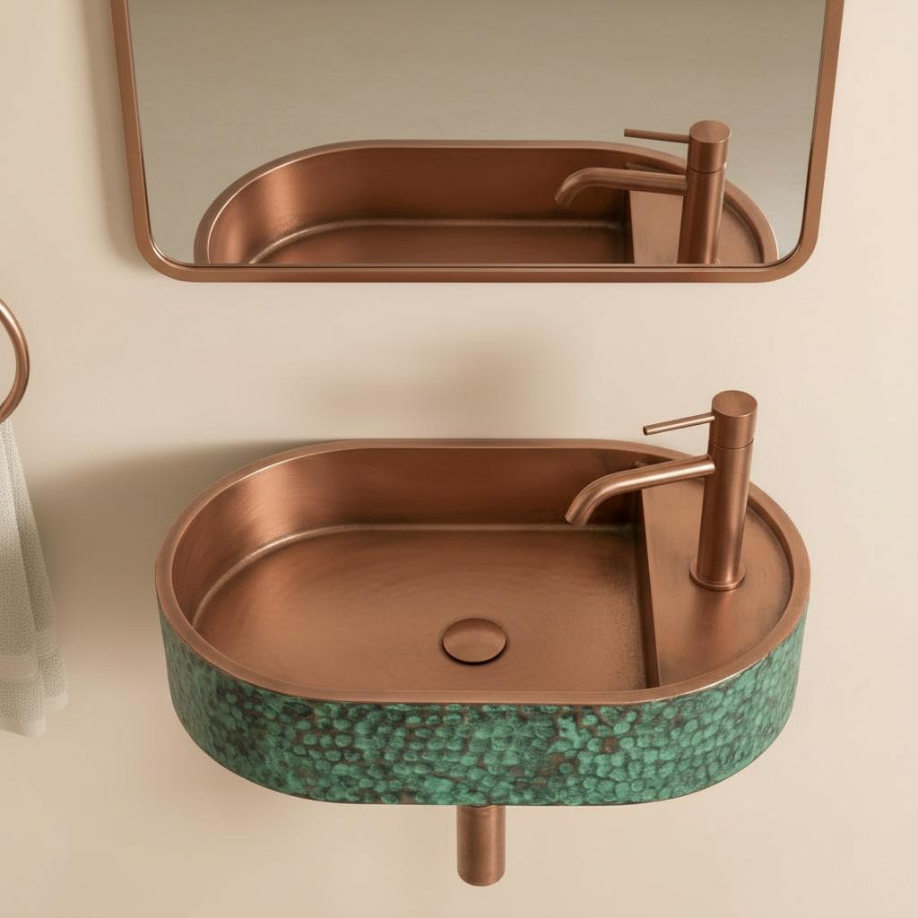 Rustic Antique Copper Washbasin, Floating Green Patina Sink - Wall Mounted Oval Basin, Hammered Vessel Sink, Farmhouse Bathroom - Mettlemix