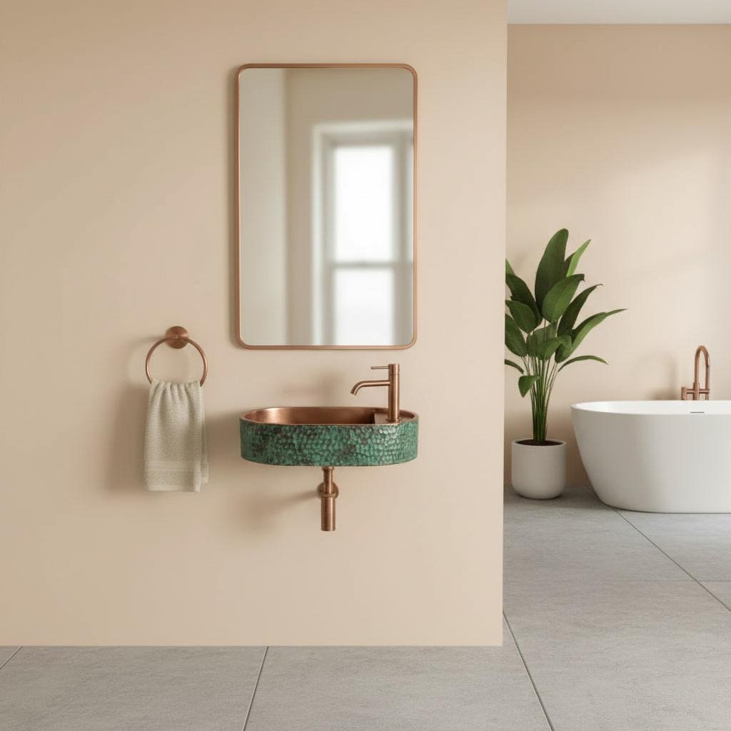 Rustic Antique Copper Washbasin, Floating Green Patina Sink - Wall Mounted Oval Basin, Hammered Vessel Sink, Farmhouse Bathroom - Mettlemix