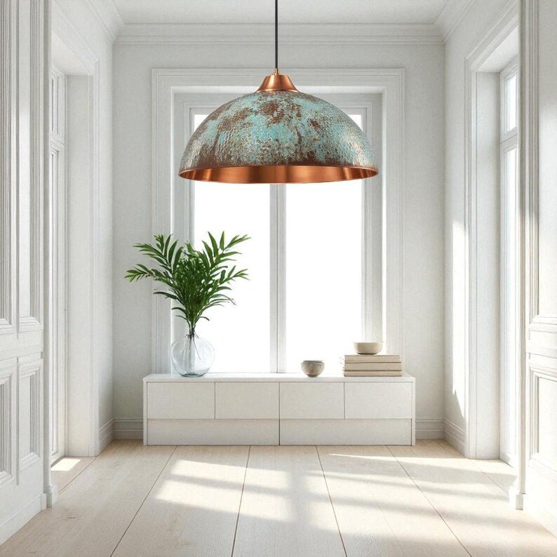 Rustic Copper Dome Pendant Light - Aged Patina Finish - Mettlemix