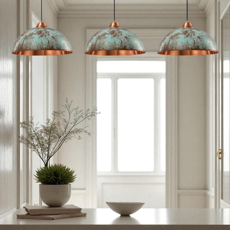 Rustic Copper Dome Pendant Light - Aged Patina Finish - Mettlemix