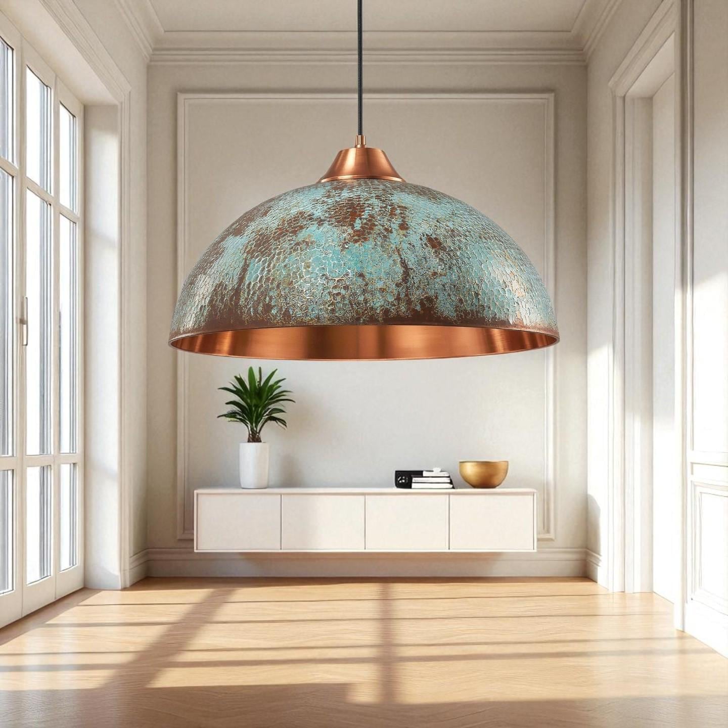 Rustic Copper Dome Pendant Light: Patina Finish, Industrial Kitchen Lighting - Mettlemix