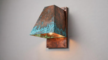 Rustic copper Outdoor Wall Sconce, Turquoise Green Patina Sconce, Architectural Geometric Entryway Light, Luxury Indoor Wall Lamp - Mettlemix