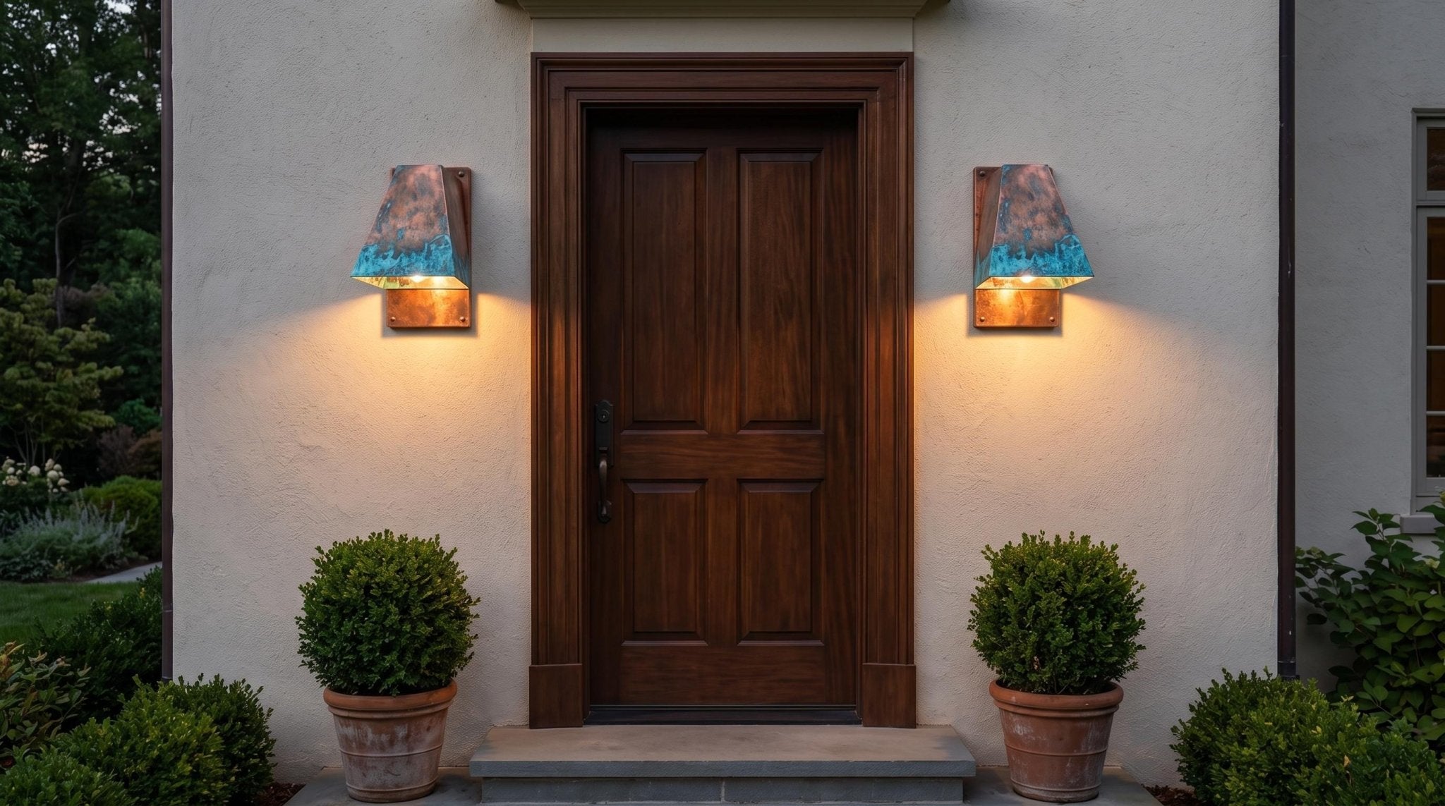 Rustic copper Outdoor Wall Sconce, Turquoise Green Patina Sconce, Architectural Geometric Entryway Light, Luxury Indoor Wall Lamp - Mettlemix