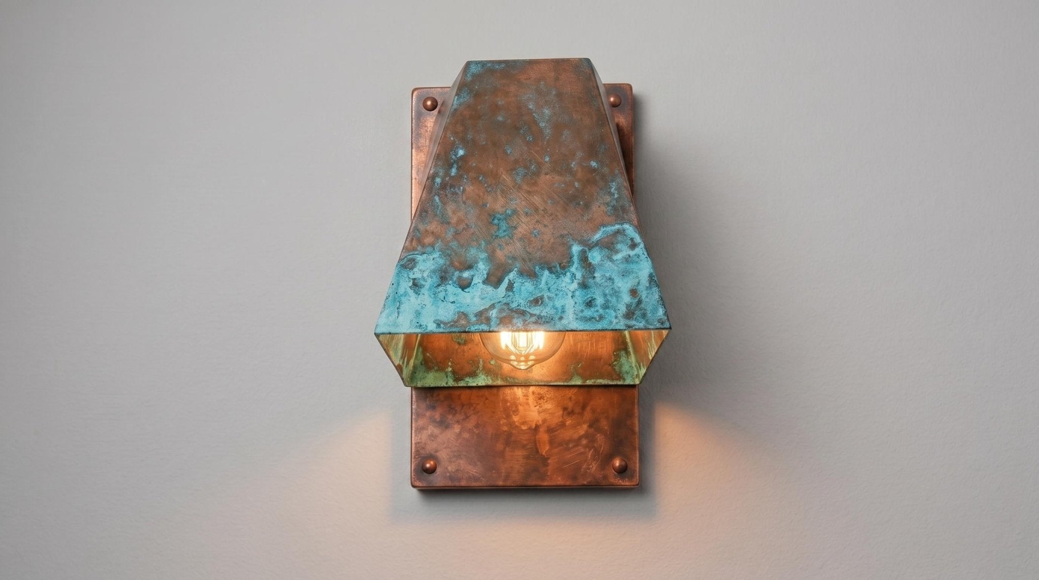 Rustic copper Outdoor Wall Sconce, Turquoise Green Patina Sconce, Architectural Geometric Entryway Light, Luxury Indoor Wall Lamp - Mettlemix